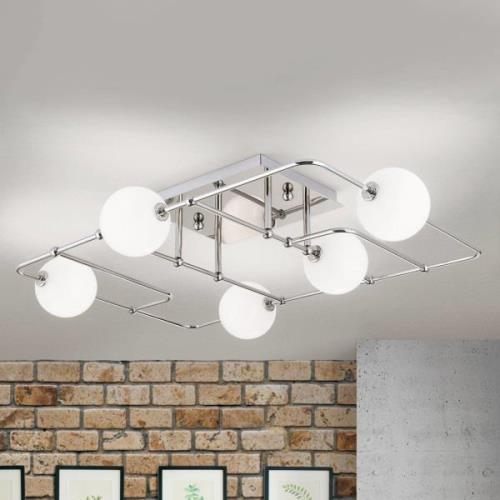 Pipes LED-loftlampe med 5 glaskugler, nikkel