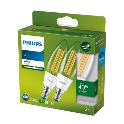 Philips LED-pære E14 B35 2,3 W 485lm 3.000 K 2 stk