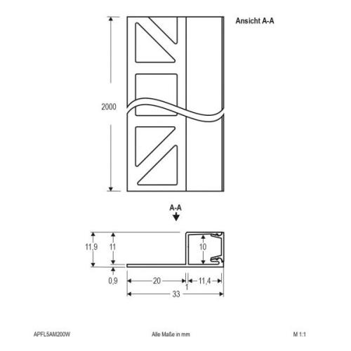 EVN APFL5 fliseprofil i siden 200 cm x 3,3 cm hvid