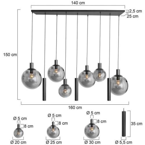 Bollique hængelampe, sort, 9 lyskilder lang, glas, metal