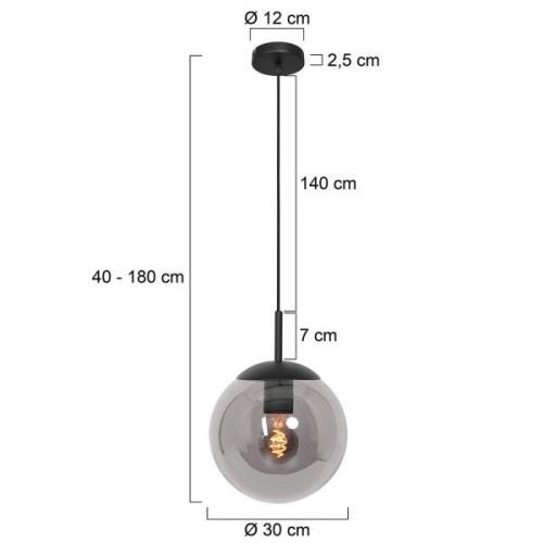 Bollique hængelampe, sort, Ø 30 cm, glas, 1 lyskilde, kugle