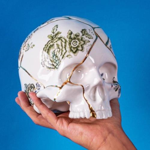 SELETTI Skulptur Kintsugi Skull, hvid, porcelæn, guld