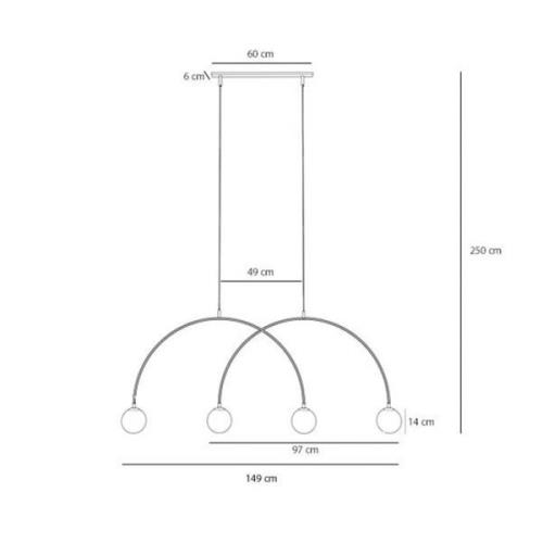 Una 4 pendellampe, metal, glas, 4 lyskilder, koralrød