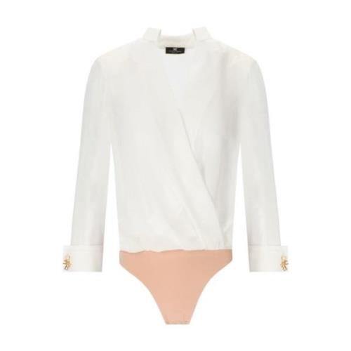 Ivory Georgette Bodysuit Skjorte med Rhinestone og Pearl Knapper