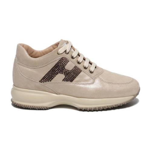 Beige Læder Sneaker med Guld Strass