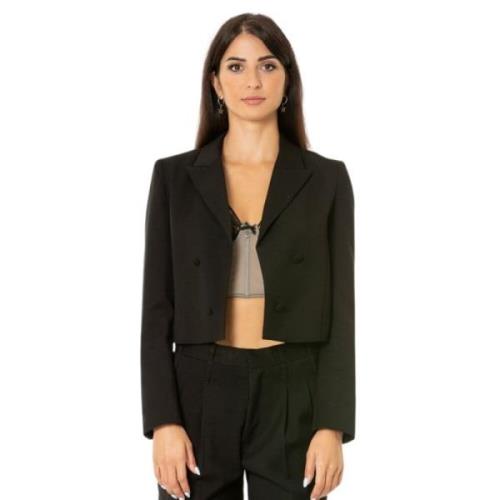 Sort Crop Blazer med Rever Krave og Skulderpuder