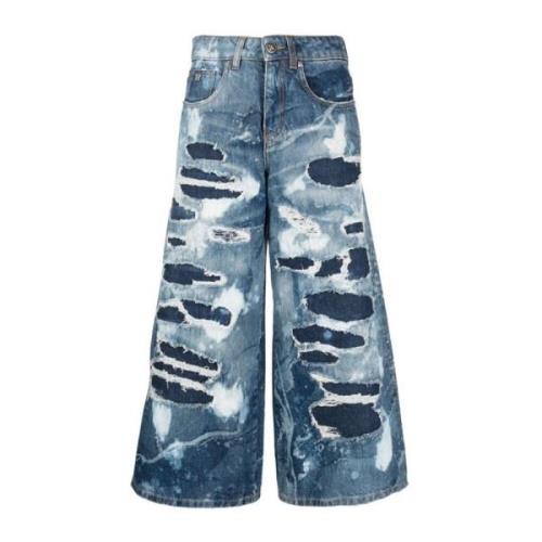 Bredbenede jeans i 100% bomuld, brugt effekt