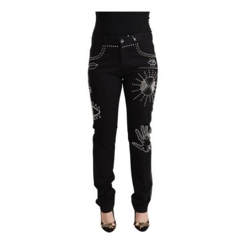 Sorte Bomuld Mid Waist Pyntede Slim Fit Jeans