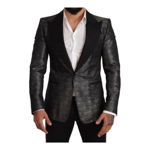 Grå Metallic Sort Slim Tuxedo Blazer