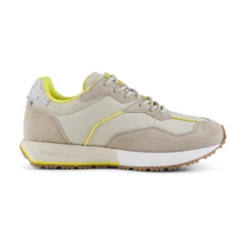 Sporty Mode Sneakers, Beige Nylon med Ruskind og Neon Detaljer