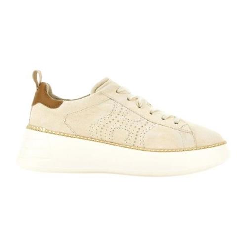 Beige Læder Sneakers med Metallic Detaljer