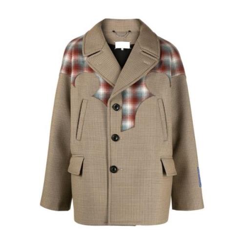 Beige Plaid Check Jakke med Scuba Jersey Paneler