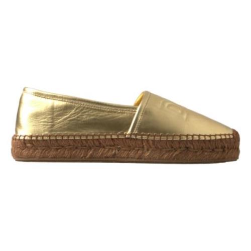 Guld Læder Loafers Flade Espadrille Sko