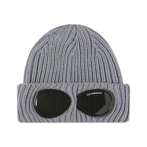 Grå Melange Ribstrikket Beanie med Goggle-detalje