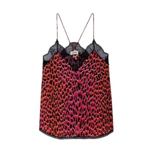 Leopard Print Silke Camisole med Blondekant