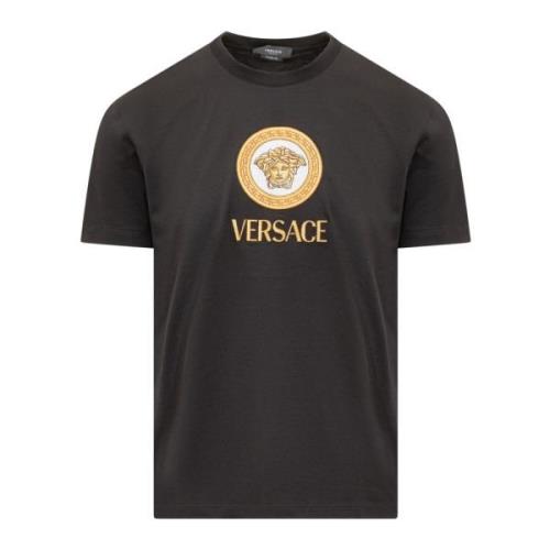 Sort Crew Neck T-shirt med Broderet Medusa Logo