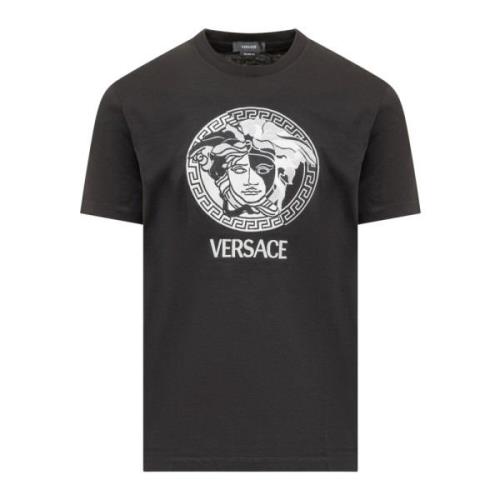 Sort Crew Neck T-shirt med Broderet Medusa Logo