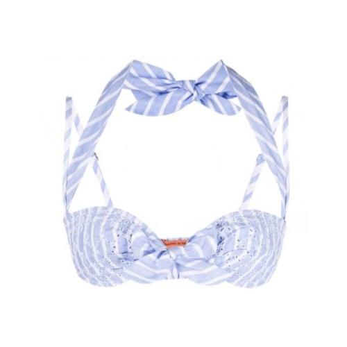 Blå/Hvid Stribet Broderie Anglaise Bikini Top