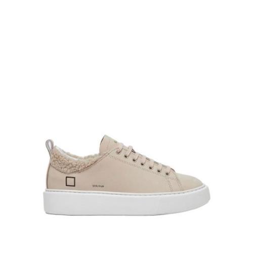 Beige Læder Sneakers med Teddy Stof Indsats