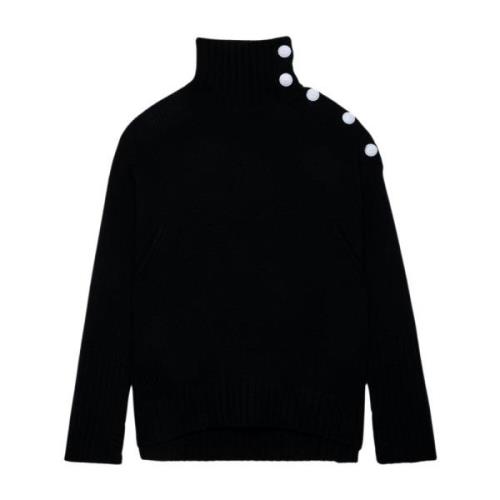 Sort Cashmere Turtleneck Sweater med Knapper