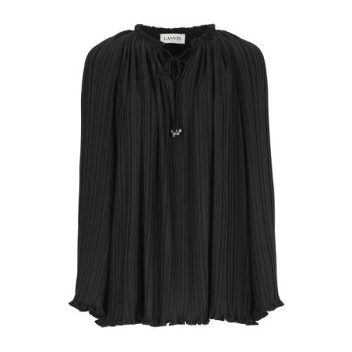 Sort Plisseret Bluse med V-Hals