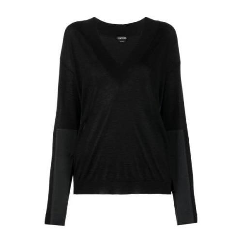 Sort Cashmere og Silke V-Hals Sweater