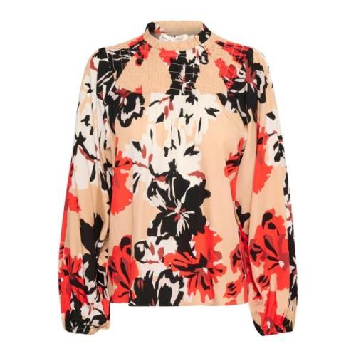 Bluse med smock-detaljer og blomsterprint