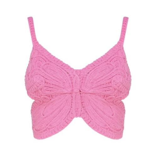 Pink Ribstrikket Crop Top med Butterfly Wing Broderi