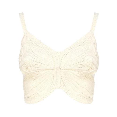 Hvid Ribstrikket Crop Top med Butterfly Wing Broderi