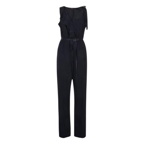 Blå Ærmeløs Jumpsuit med V-Hals og Ruffles