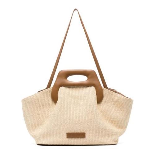 Beige Vævet Rafia Tote Taske