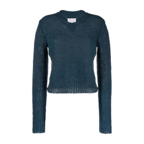 Blå Cropped V-Neck Strik