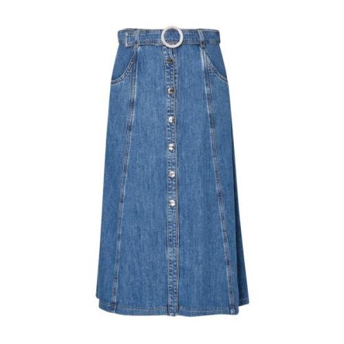 Denim Midi Nederdel med Juvelspænde