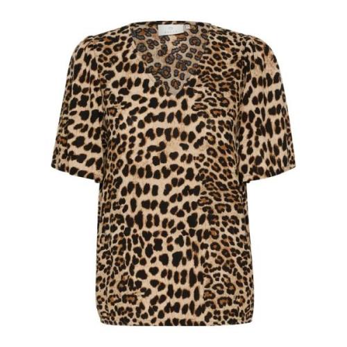 Klassisk Leopard Bluse Korte Ærmer V-Hals