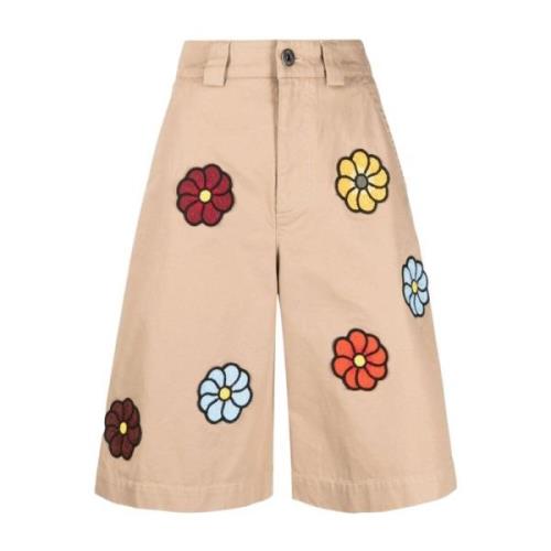 Beige Blomstret Broderede Shorts