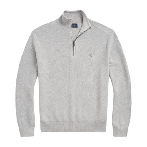 Lysgrå Mesh-Strikket Bomuld Quarter-Zip Sweater