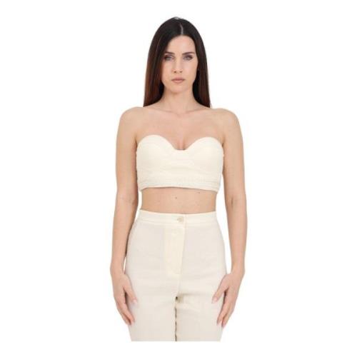 Elegant Cream Crop Top med Broderet Kant