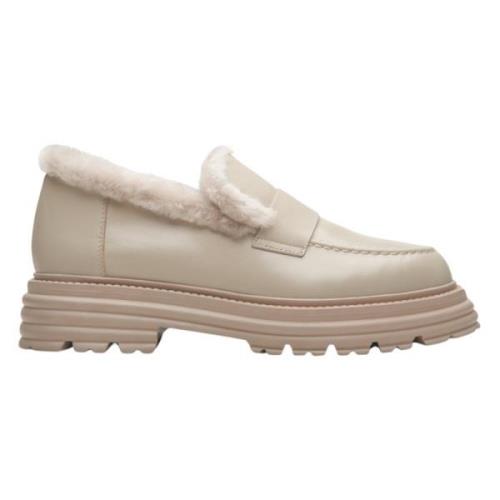 Beige Pelsforede Læder Vinter Loafers