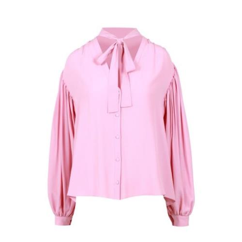 Pink V-neck Button-down Blouse med Bue