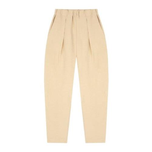 Beige Linen Silk Elastic Waist Pants