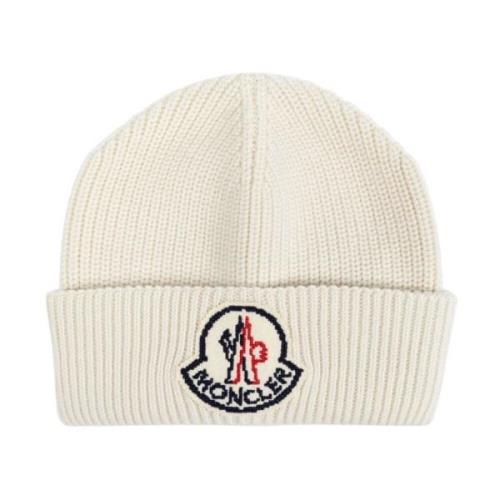 Ribstrikket Beige Hat Logo Patch