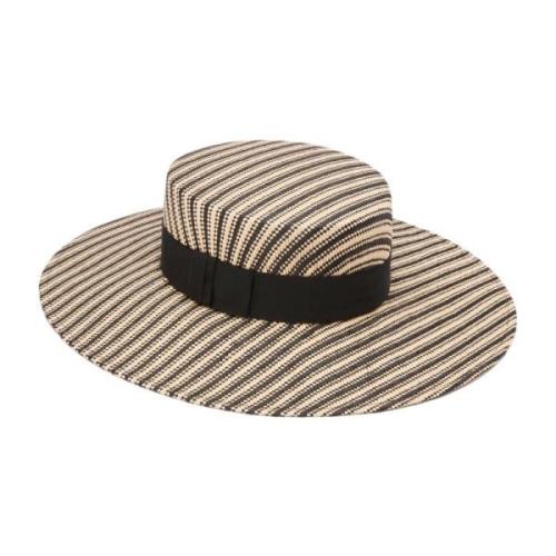 Stribet Raffia Canotier Hat i Sand