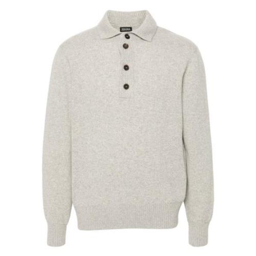 Grå Strikket Polo Sweater