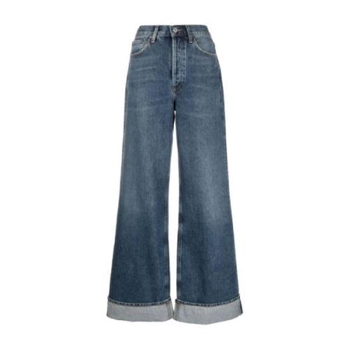 Blå Wide-leg Jeans med Rullede Sømme