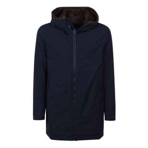 Navy Blue Hooded Parka med Faux Fur