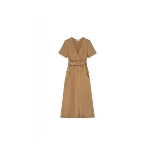 Beige Midi Kjole med Frontslids