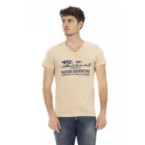 Beige V-Neck Tee med Front Print