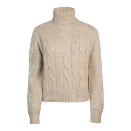 Beige Høj Hals Jacquard Sweater