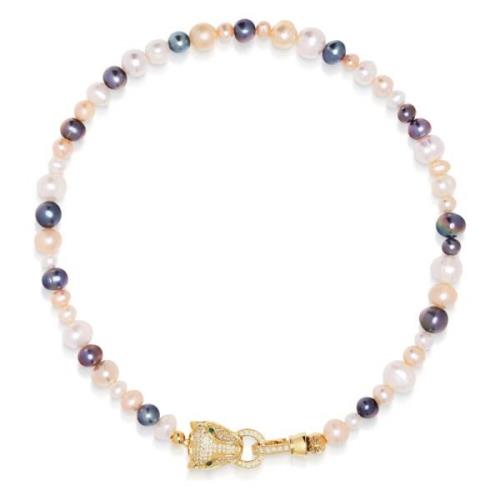 Womens Multi-Colored Pearl Choker with Gold Panther Head