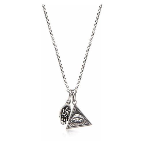 Mens Silver Necklace with Eye of Ra Triangle and Hamsa Hand Pendant